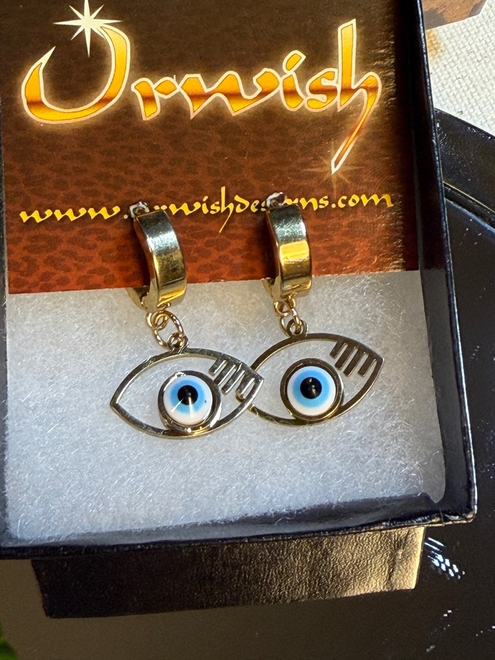 Wish Gold Tone Blue and White Evil Eye Drop Earrings
